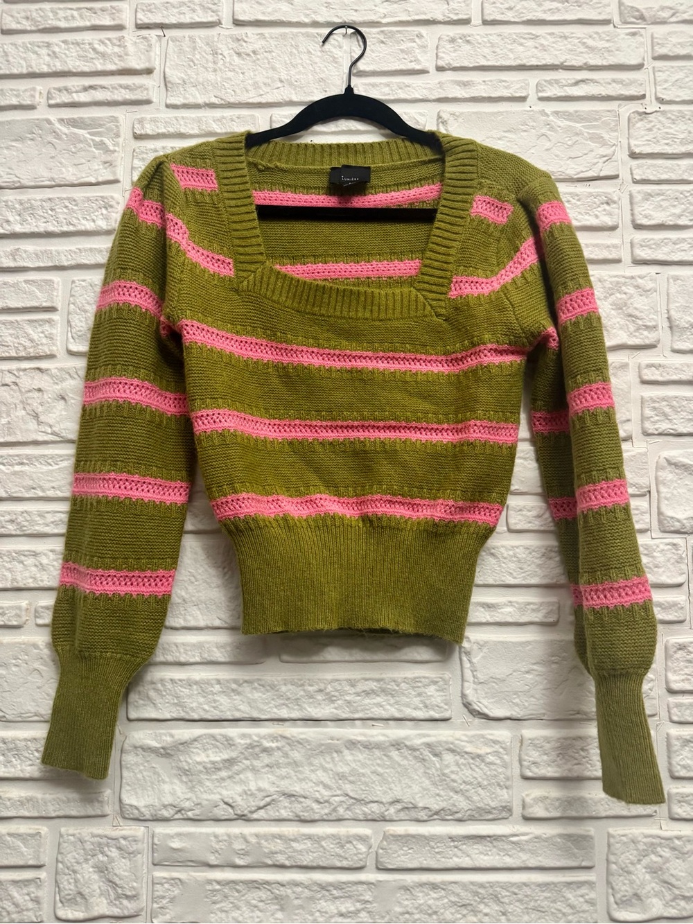 Lumiere Striped Square Neck Sweater S Olive Green Pink Knit Balloon Sleeve Crop